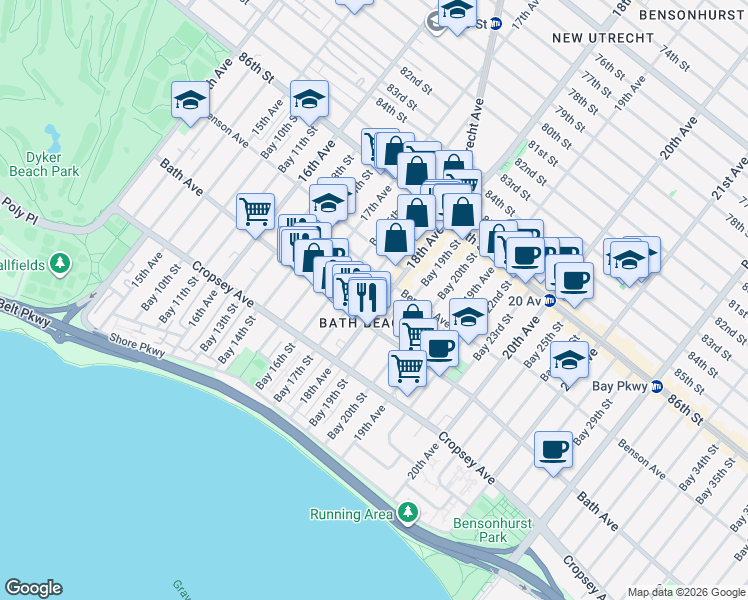 map of restaurants, bars, coffee shops, grocery stores, and more near 8730 18th Avenue in Brooklyn