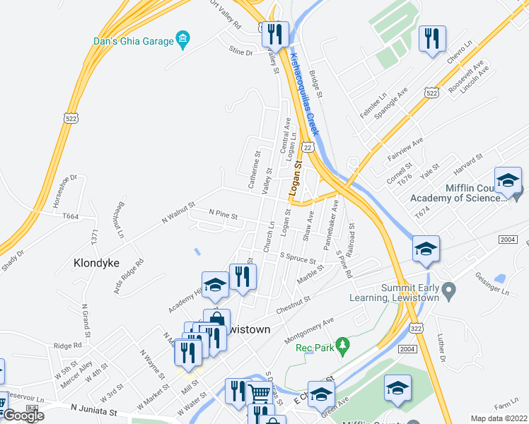 map of restaurants, bars, coffee shops, grocery stores, and more near 314 Valley Street in Lewistown