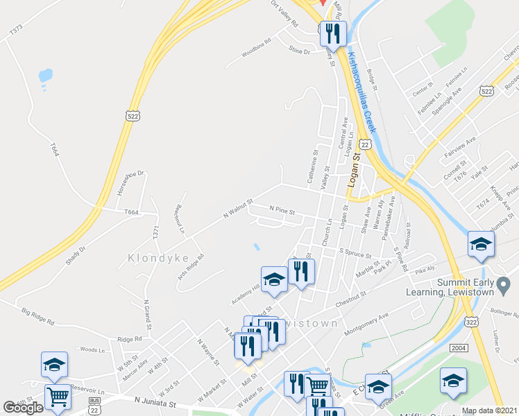 map of restaurants, bars, coffee shops, grocery stores, and more near 83 North Pine Street in Lewistown