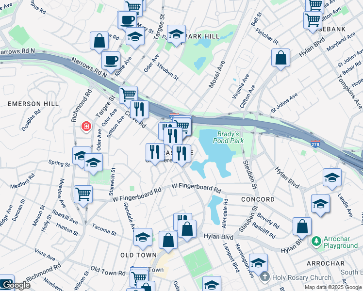 map of restaurants, bars, coffee shops, grocery stores, and more near 2053 Clove Road in Staten Island