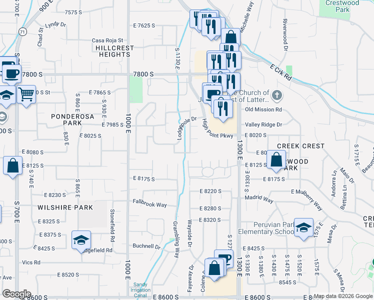 map of restaurants, bars, coffee shops, grocery stores, and more near in Sandy