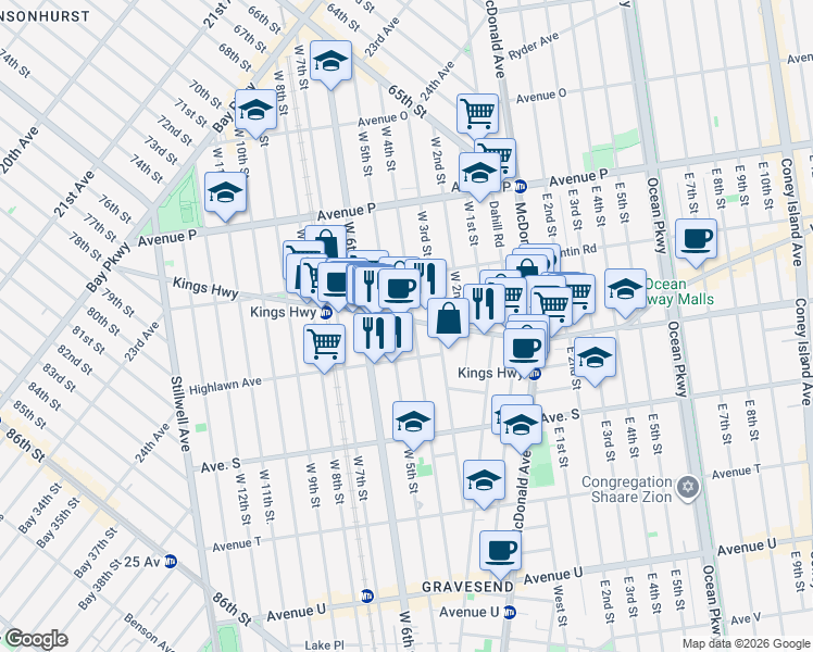 map of restaurants, bars, coffee shops, grocery stores, and more near 350 Kings Highway in Brooklyn