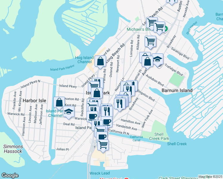 map of restaurants, bars, coffee shops, grocery stores, and more near 12 Newport Road in Island Park