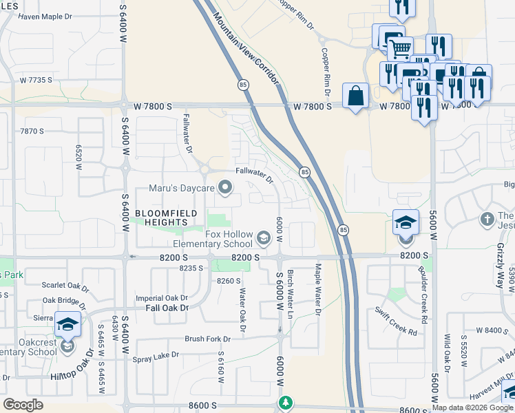 map of restaurants, bars, coffee shops, grocery stores, and more near 6028 West Highlandbrook Drive in West Jordan
