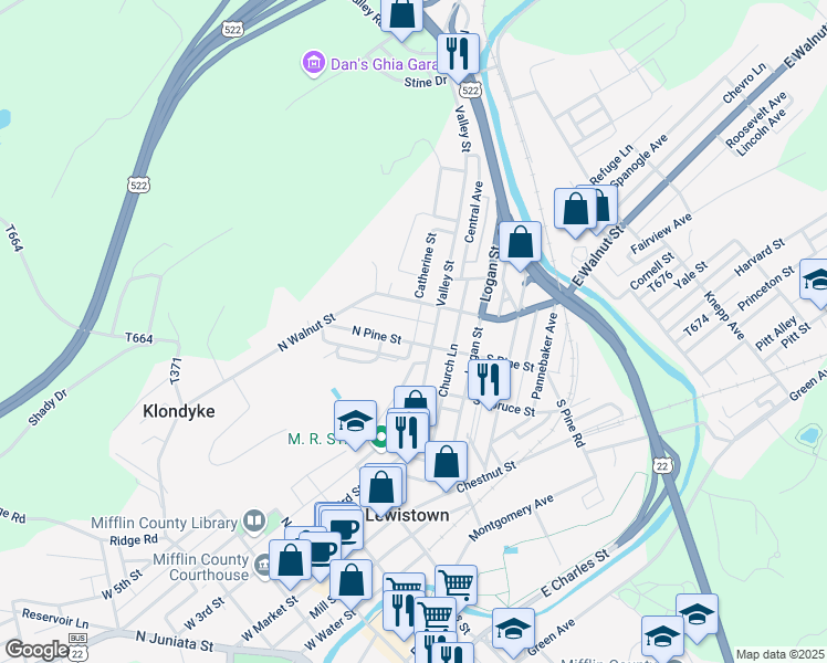 map of restaurants, bars, coffee shops, grocery stores, and more near 14 North Pine Street in Lewistown