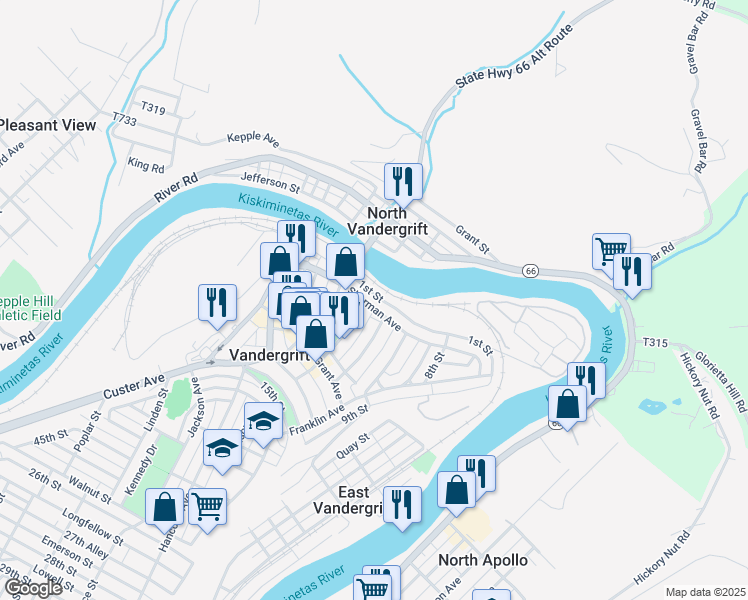 map of restaurants, bars, coffee shops, grocery stores, and more near 175 Sherman Avenue in Vandergrift
