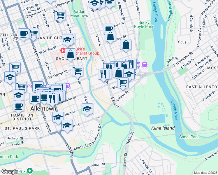 map of restaurants, bars, coffee shops, grocery stores, and more near 1 South 3rd Street in Allentown