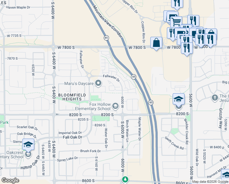 map of restaurants, bars, coffee shops, grocery stores, and more near 6041 West Lower Bend Drive in Herriman