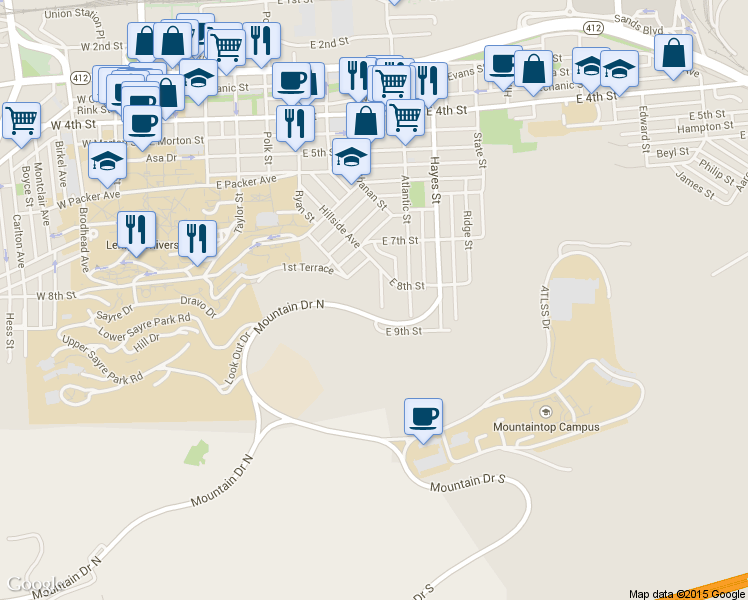 map of restaurants, bars, coffee shops, grocery stores, and more near 822 Hillside Avenue in Bethlehem