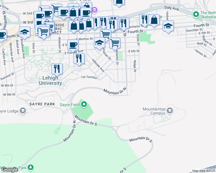 map of restaurants, bars, coffee shops, grocery stores, and more near 822 Hillside Avenue in Bethlehem