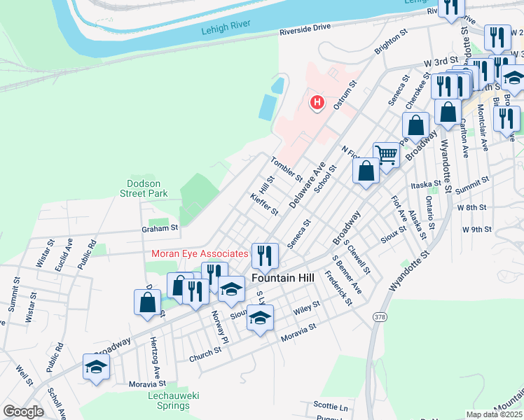 map of restaurants, bars, coffee shops, grocery stores, and more near 833 Kieffer Street in Fountain Hill