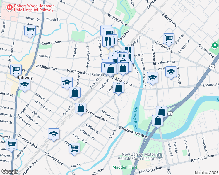 map of restaurants, bars, coffee shops, grocery stores, and more near 1287 Fulton Street in Rahway