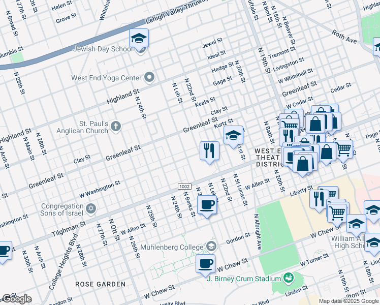 map of restaurants, bars, coffee shops, grocery stores, and more near 815 North 23rd Street in Allentown
