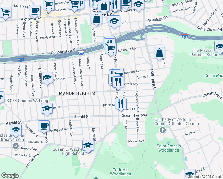 map of restaurants, bars, coffee shops, grocery stores, and more near 265 Elvin Street in Staten Island