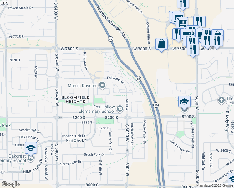 map of restaurants, bars, coffee shops, grocery stores, and more near 6028 West Highlandbrook Drive in West Jordan