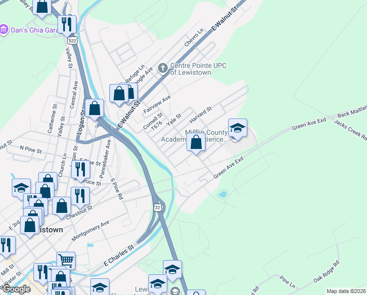 map of restaurants, bars, coffee shops, grocery stores, and more near 400-498 Princeton St in Lewistown