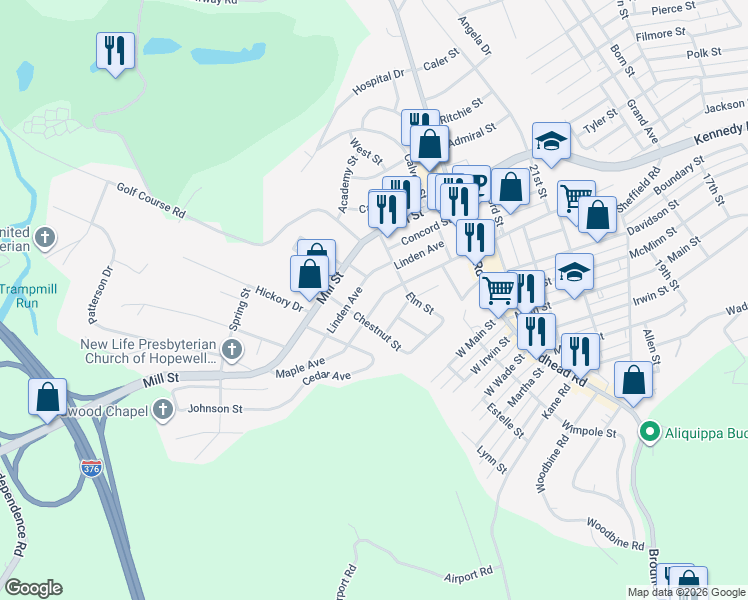 map of restaurants, bars, coffee shops, grocery stores, and more near 2406 Maple Avenue in Aliquippa