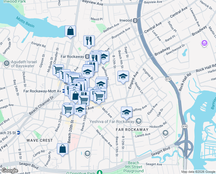 map of restaurants, bars, coffee shops, grocery stores, and more near 10-55 Neilson Street in Queens