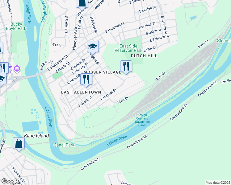 map of restaurants, bars, coffee shops, grocery stores, and more near 330 East Mosser Street in Allentown