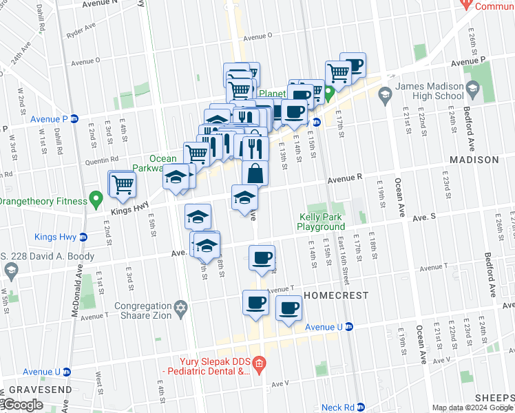 map of restaurants, bars, coffee shops, grocery stores, and more near 2149 Coney Island Avenue in Brooklyn