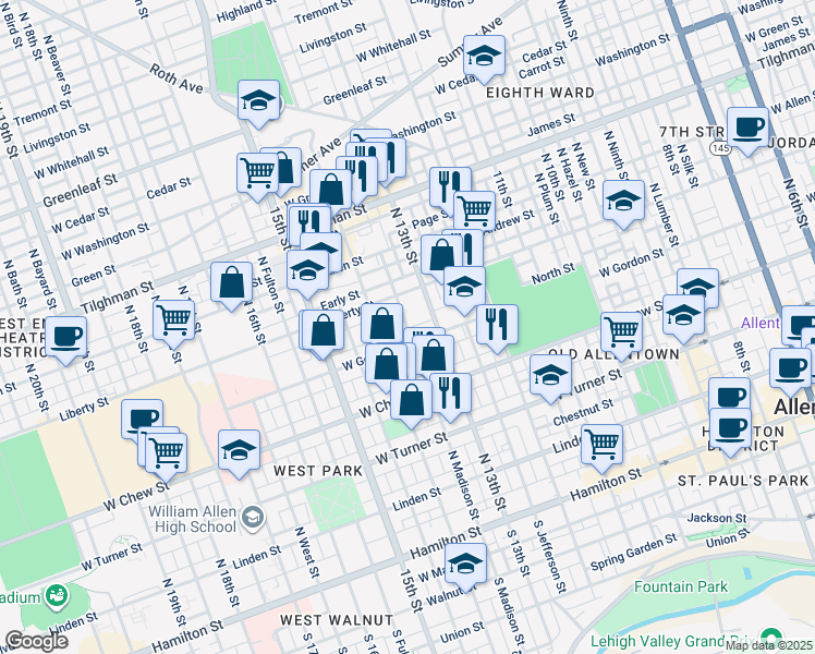 map of restaurants, bars, coffee shops, grocery stores, and more near 417 North Madison Street in Allentown