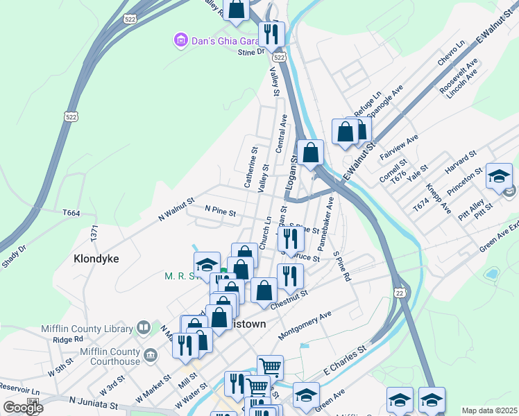 map of restaurants, bars, coffee shops, grocery stores, and more near 314 Valley Street in Lewistown