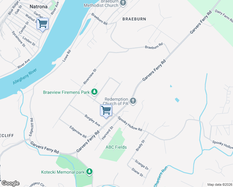 map of restaurants, bars, coffee shops, grocery stores, and more near 3430 Waugaman in New Kensington