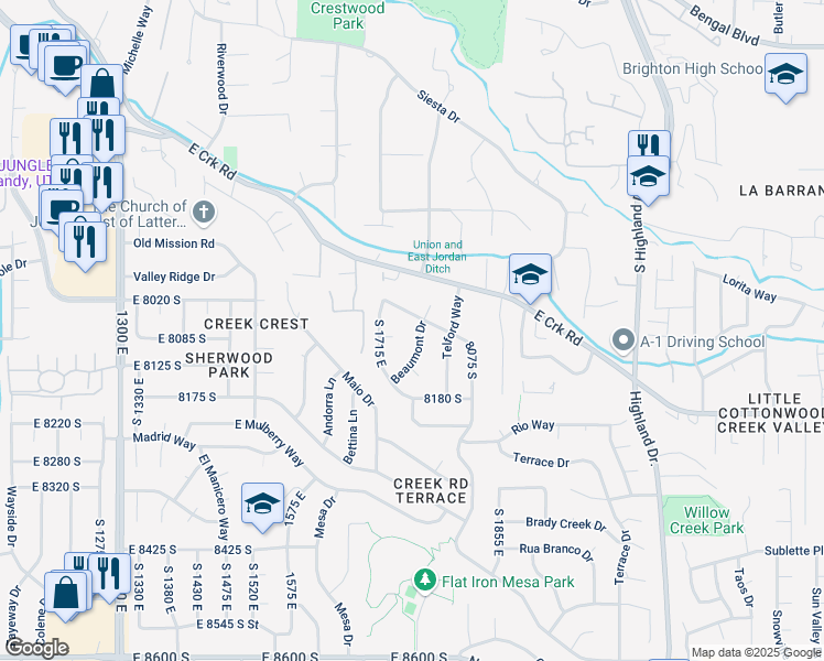 map of restaurants, bars, coffee shops, grocery stores, and more near 8070 Beaumont Drive in Sandy