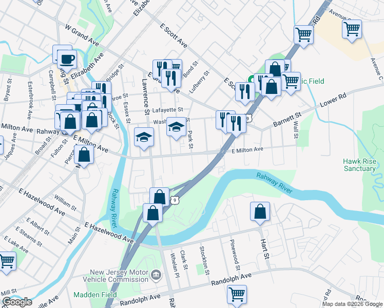 map of restaurants, bars, coffee shops, grocery stores, and more near East Milton Avenue in Rahway