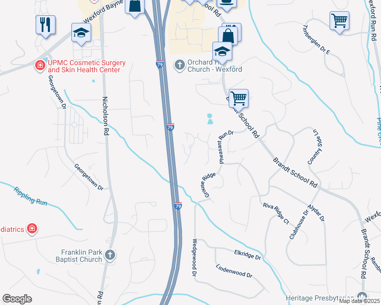 map of restaurants, bars, coffee shops, grocery stores, and more near 2708 Hunters Point Drive in Wexford