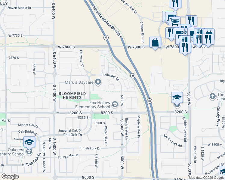 map of restaurants, bars, coffee shops, grocery stores, and more near 6028 West Highlandbrook Drive in West Jordan