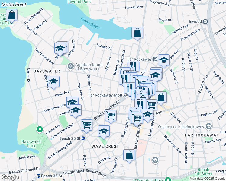 map of restaurants, bars, coffee shops, grocery stores, and more near 11-27 McBride Street in Queens