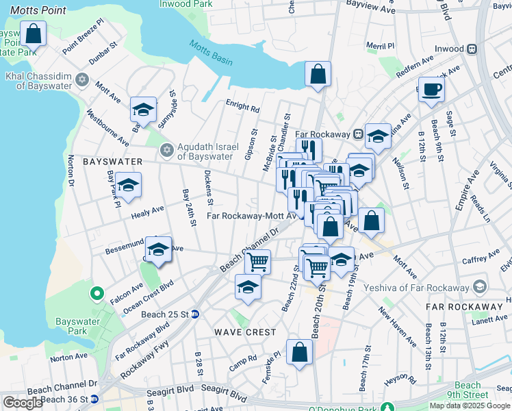 map of restaurants, bars, coffee shops, grocery stores, and more near 11-27 McBride Street in Queens