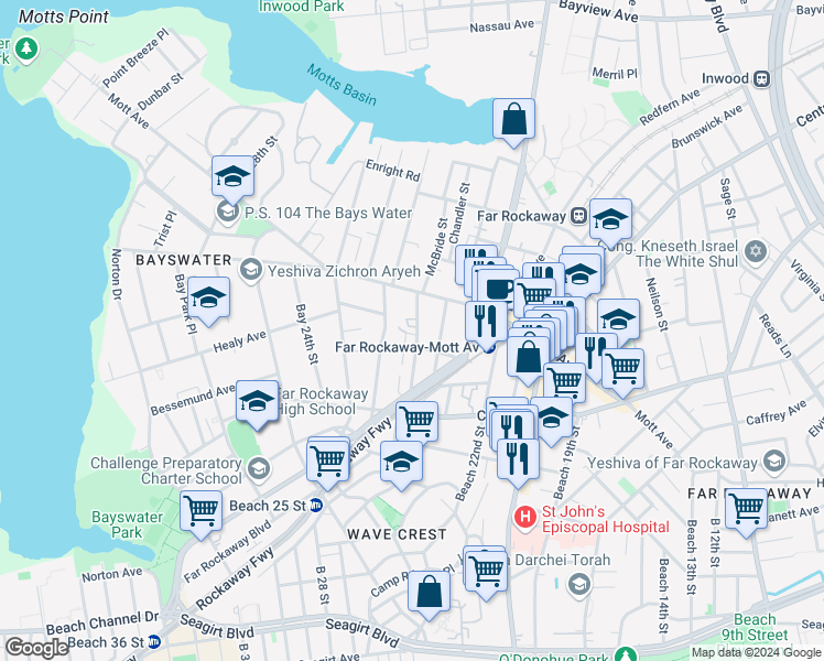 map of restaurants, bars, coffee shops, grocery stores, and more near 11-27 McBride Street in Queens