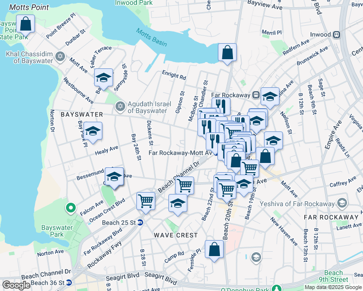 map of restaurants, bars, coffee shops, grocery stores, and more near 11-27 McBride Street in Queens
