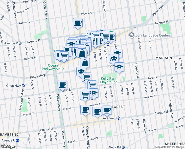 map of restaurants, bars, coffee shops, grocery stores, and more near 1815 East 12th Street in Brooklyn