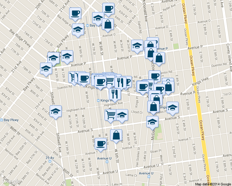 map of restaurants, bars, coffee shops, grocery stores, and more near 330 Kingshigwy in Brooklyn