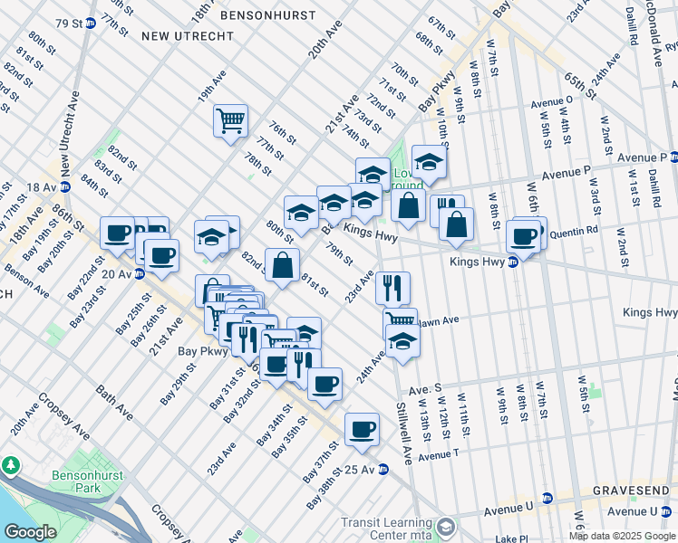 map of restaurants, bars, coffee shops, grocery stores, and more near 2239 80th Street in Brooklyn