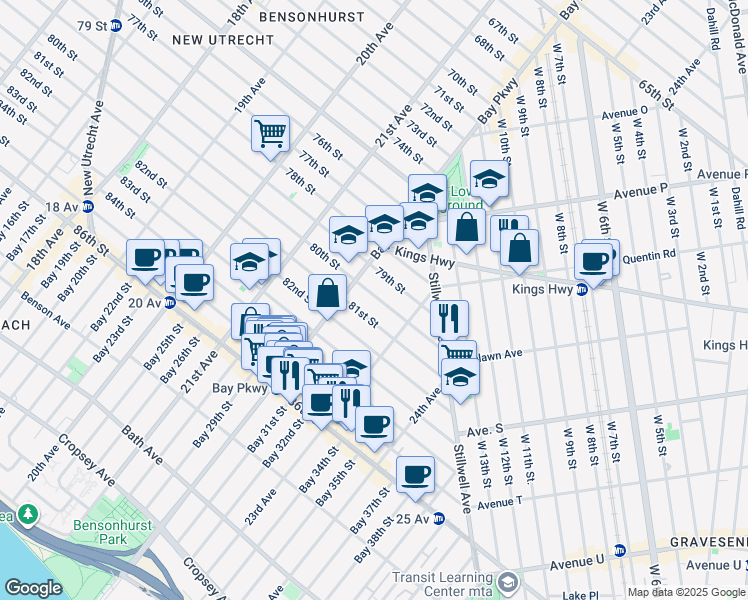 map of restaurants, bars, coffee shops, grocery stores, and more near 2239 80th Street in Brooklyn