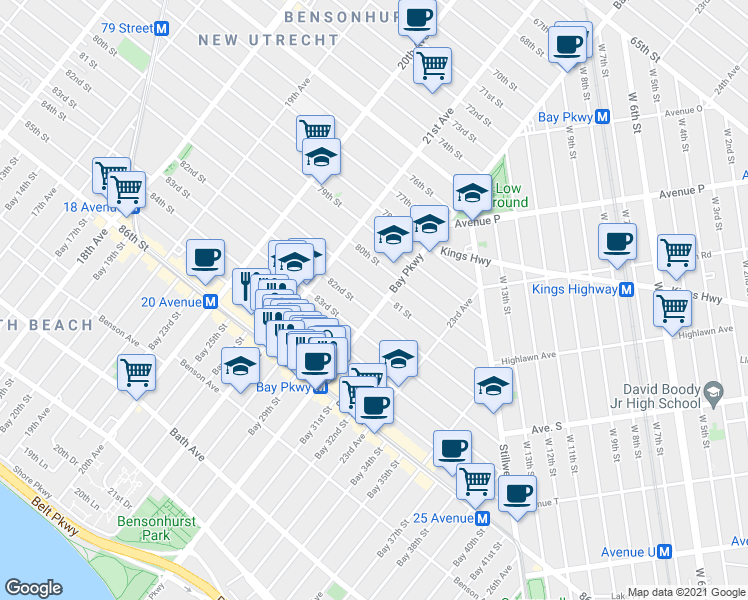 map of restaurants, bars, coffee shops, grocery stores, and more near 2154 81 Street in Brooklyn
