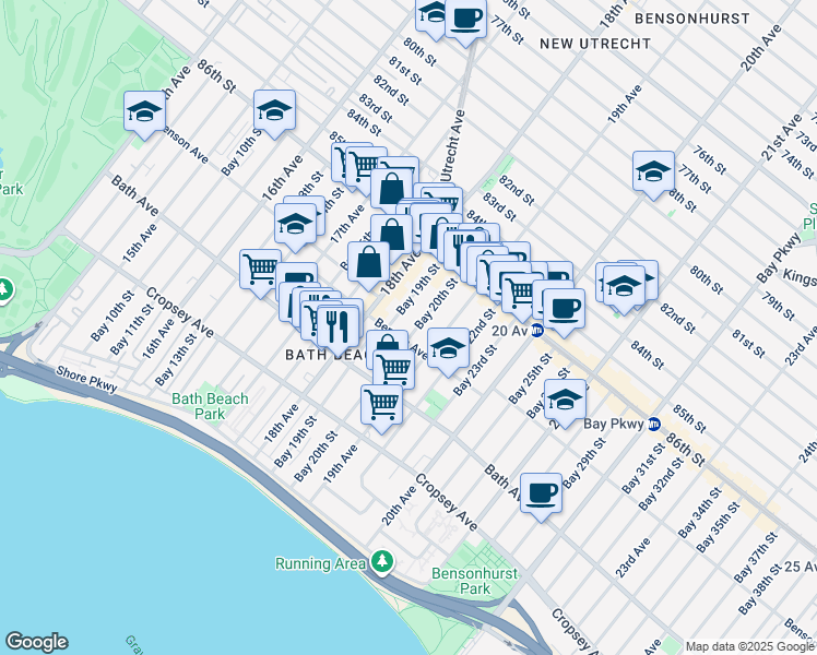 map of restaurants, bars, coffee shops, grocery stores, and more near 102 Bay 19th Street in Brooklyn