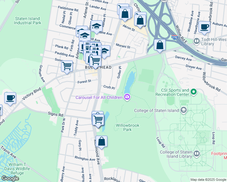 map of restaurants, bars, coffee shops, grocery stores, and more near 102 Goller Place in Staten Island