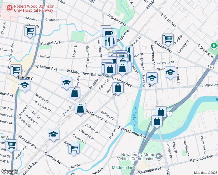 map of restaurants, bars, coffee shops, grocery stores, and more near 1287 Fulton Street in Rahway