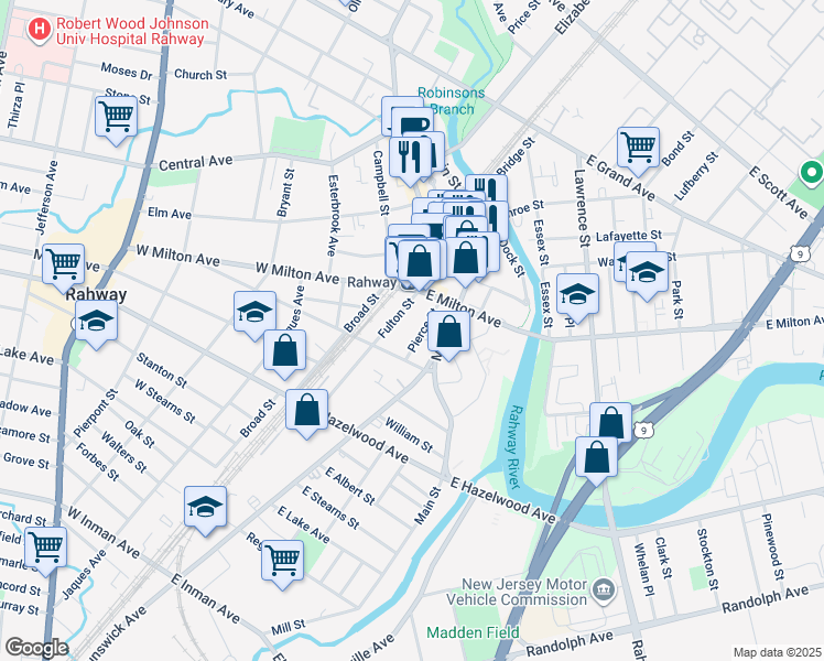 map of restaurants, bars, coffee shops, grocery stores, and more near 1287 Fulton Street in Rahway