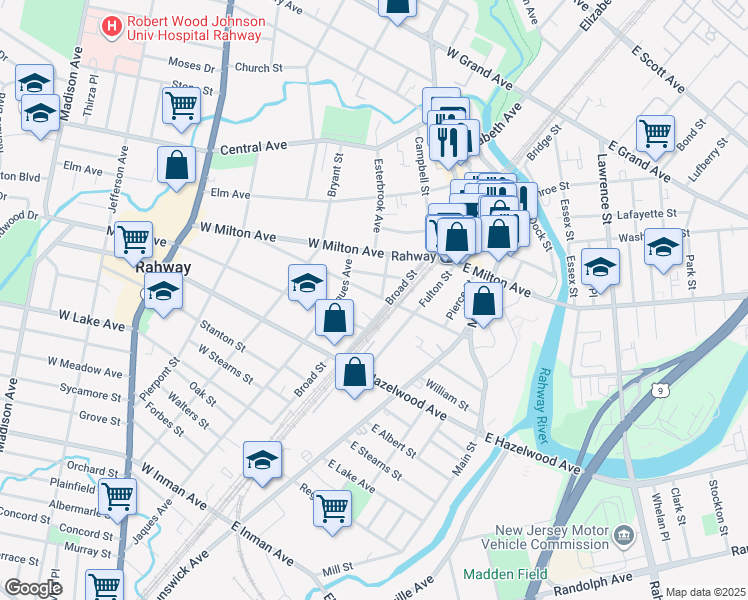 map of restaurants, bars, coffee shops, grocery stores, and more near 60 West Emerson Avenue in Rahway