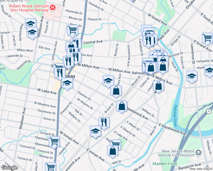 map of restaurants, bars, coffee shops, grocery stores, and more near 1075 Bryant Street in Rahway