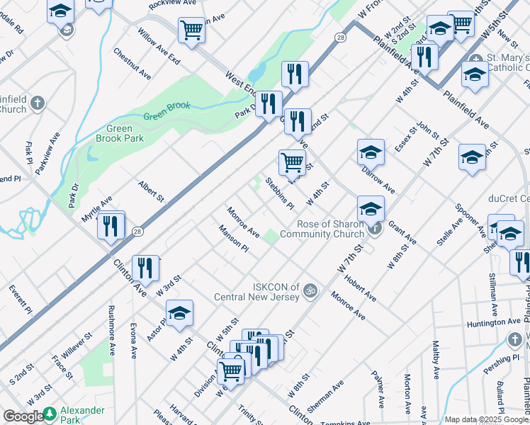 map of restaurants, bars, coffee shops, grocery stores, and more near 948-50 West 3rd Street in Plainfield