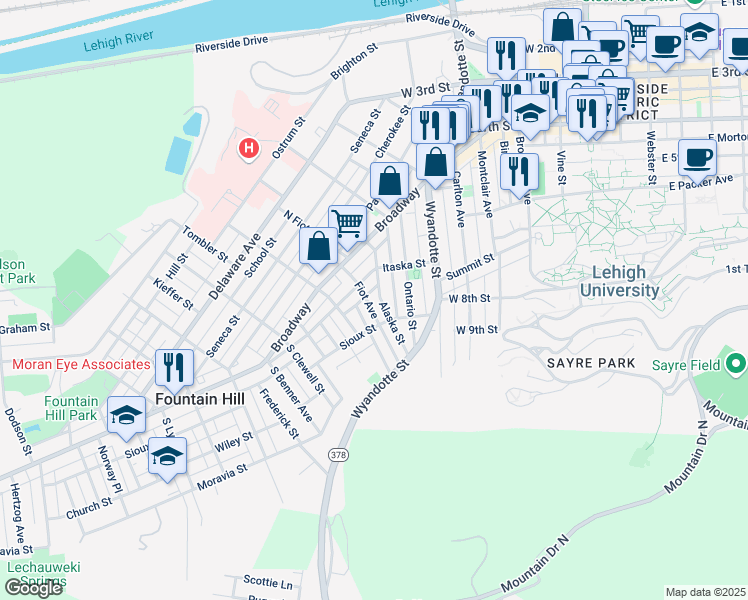 map of restaurants, bars, coffee shops, grocery stores, and more near 623 Jischke Street in Bethlehem