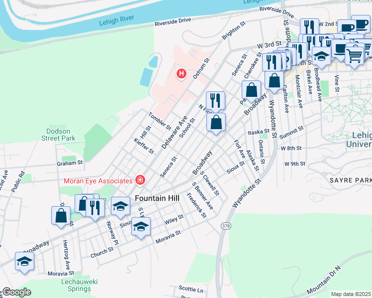 map of restaurants, bars, coffee shops, grocery stores, and more near in Fountain Hill