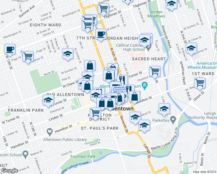 map of restaurants, bars, coffee shops, grocery stores, and more near 202 North 7th Street in Allentown